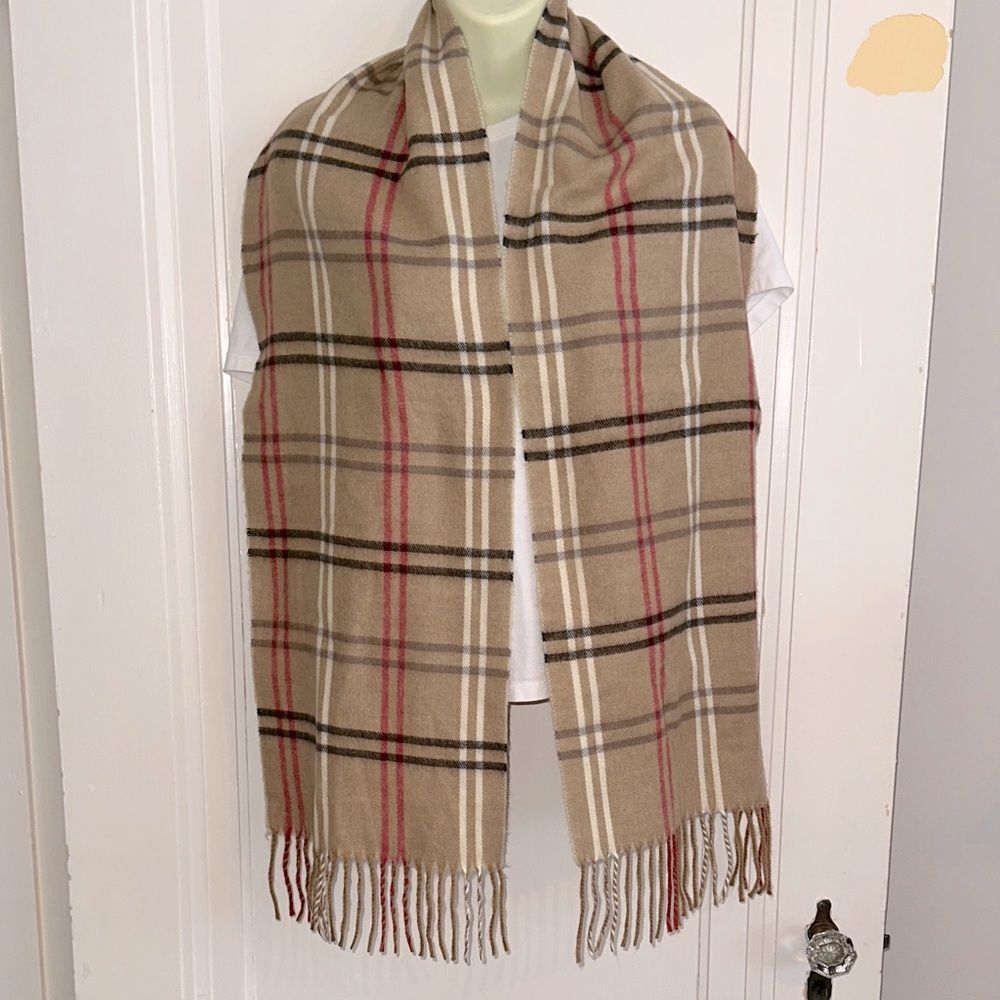 Cejon Italian Made Plaid Tan,‎ Red, Gray & Cream Acrylic Winter Scarf